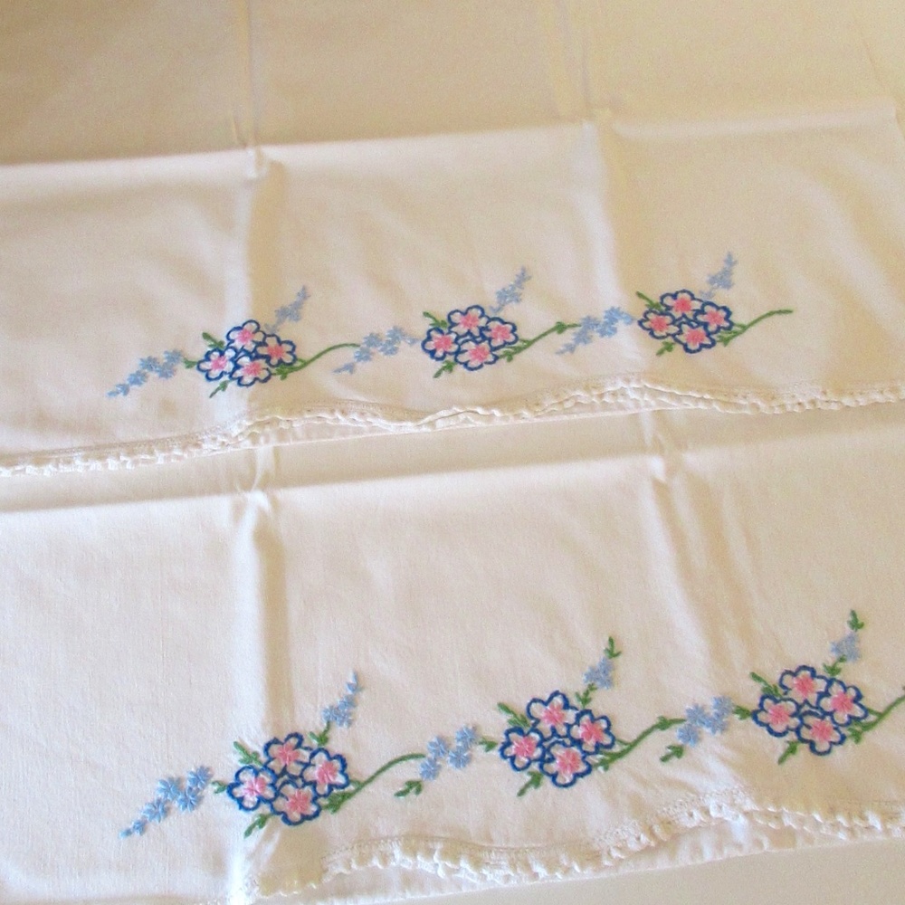Pair Pink & Blue Floral Embroidery Cotton Pillow case